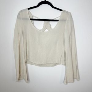 TOBI Beige V-Neck Cropped Blouse Long Flowy Sleeves Cutout Detail Size S…